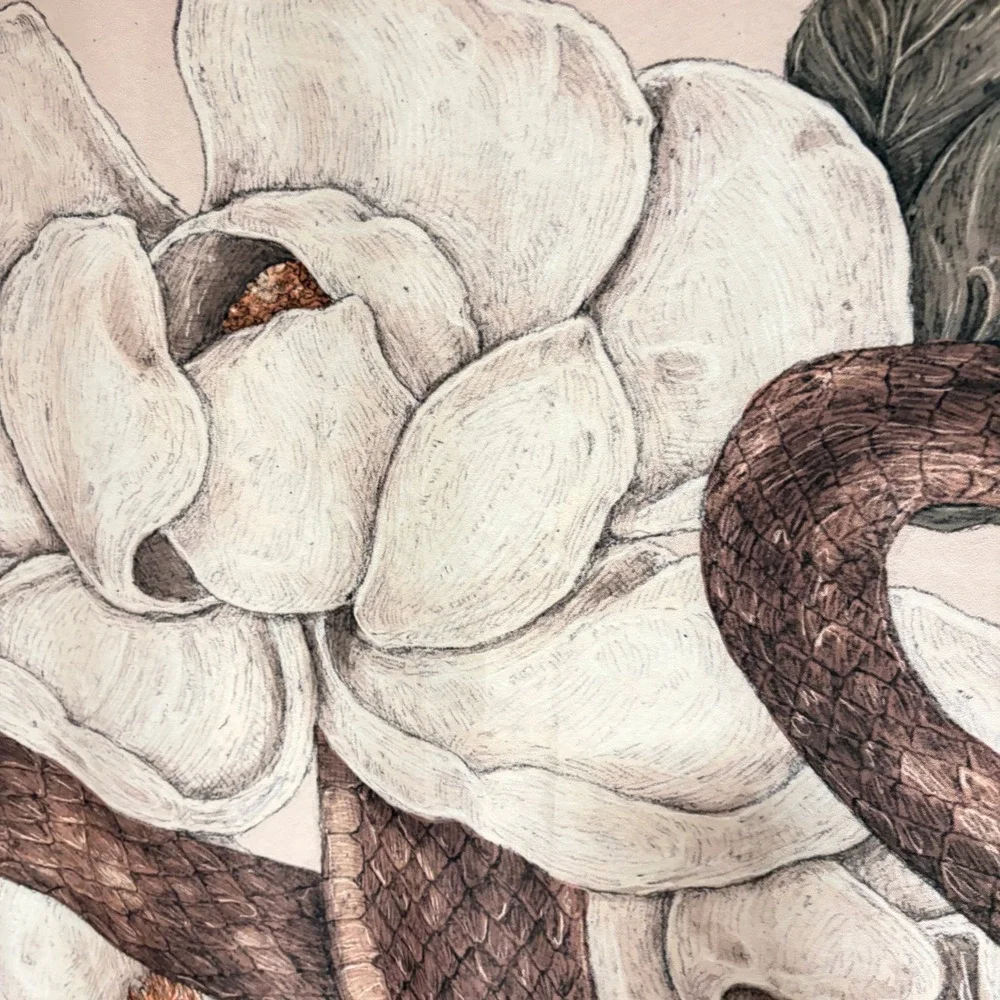 Snake Magnolia Floral Wall Hanging Pink Brown Dark Cottage Botanical Witchy Art